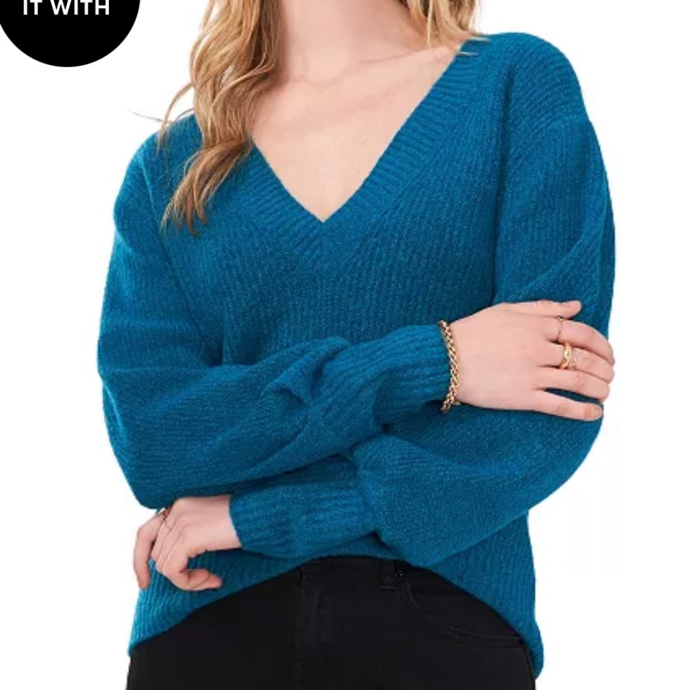 1 State V-neck Sweater Long Sleeves Teal Color